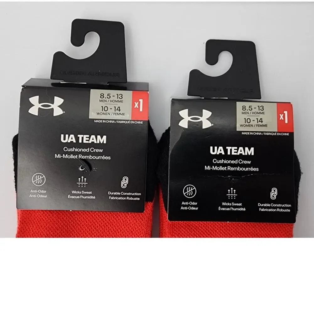 New NWT‎ Lot Of 2 UA Under Armour Teams Cushioned Crew Socks Black Red 8.5-13